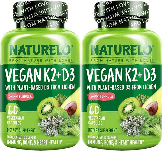 NATURELO Vitamin D3 K2 - Vegan K2+D3 with Plant Based D3 from Lichen - Natural D3 Supplement for Immune System, Bone Support, Heart Health - Whole Food - Non-GMO - Gluten Free, 60 Capsules (Pack of 2)