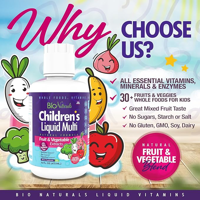 Bio Naturals Children's Liquid Multivitamin & Immune Booster - Natural Supplement for Kids & Toddlers with Vitamins A B C D3 E, Fiber, Fruits & Vegetables - No GMOs, Gluten, Sugar, Dairy, Soy - 16oz