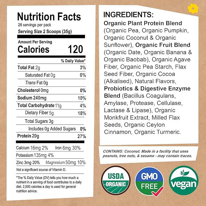 EarthChimp Organic Vegan Protein Powder - with Probiotics - Non GMO, Dairy Free, Non Whey, Plant Based Protein Powder for Women and Men, Gluten Free - 26 Servings 32 Oz (Vanilla)