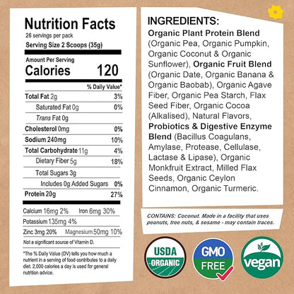 EarthChimp Organic Vegan Protein Powder - with Probiotics - Non GMO, Dairy Free, Non Whey, Plant Based Protein Powder for Women and Men, Gluten Free - 26 Servings 32 Oz (Vanilla)