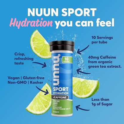 Nuun Sport + Caffeine Electrolyte Tablets - Dissolvable in Water, Fresh Lime Flavor, 5 Essential Electrolytes for Hydration, 1g Sugar Drink Mix, Vegan, Non-GMO, 8 Pack (80 Total Servings)