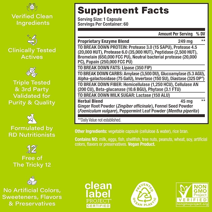 HUM Flatter Me Digestive Enzymes Bloating Supplement - Fast-Acting Bloat Relief for Digestive Health & Debloating Multi Enzyme | Bloat Pills, Anti Bloat Pills, Vegan 60 Servings