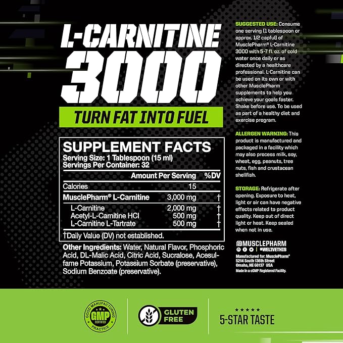 Muscle Pharm L-Carnitine 3000, The Ultimate Liquid L Carnitine Supplement for High-Performance, Supports Metabolism, Hydration & Energy, Zero Sugar/Calories, Peach Nectarine Flavor, 32 Servings