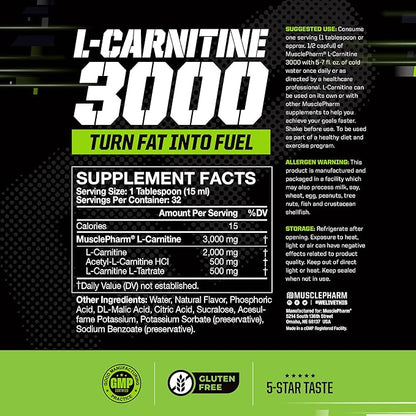 Muscle Pharm L-Carnitine 3000, The Ultimate Liquid L Carnitine Supplement for High-Performance, Supports Metabolism, Hydration & Energy, Zero Sugar/Calories, Peach Nectarine Flavor, 32 Servings