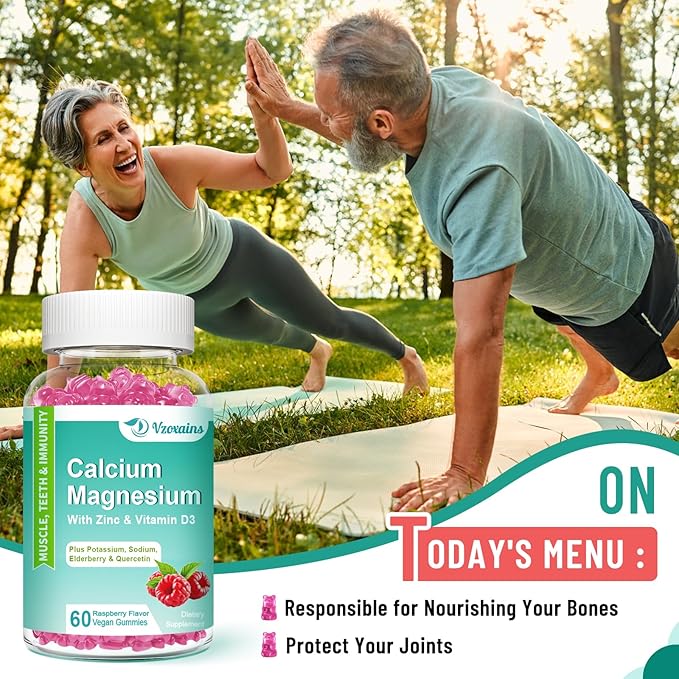 Calcium Magnesium Zinc Gummies with Vitamin D3, Sugar Free Calcium Magnesium Supplement for Bone & Teeth Strength, Muscle Function - Vegan, Raspberry Flavor, 120 Count