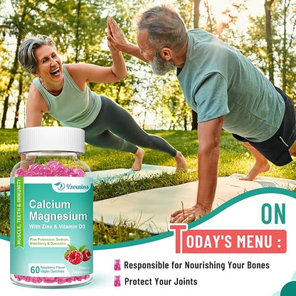 Calcium Magnesium Zinc Gummies with Vitamin D3, Sugar Free Calcium Magnesium Supplement for Bone & Teeth Strength, Muscle Function - Vegan, Raspberry Flavor, 120 Count