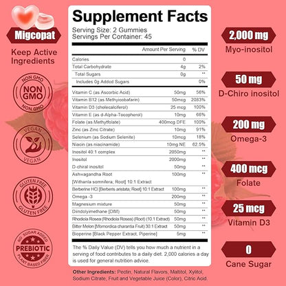 Inositol Multivitamin Gummies, Myo-Inositol&D-chiral Inositol Ideal 40:1 Ratio, Inositol Supplement with Omega-3, Magnesium, Folate, Hormone Balance, Raspberry Flavor, Sugar Free, 90 Count