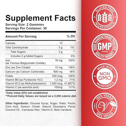 Iron Gummies - with Calcium, Zinc, Folate & Vitamin B12, C, B6 for Adults & Kids - Blood Builder & Energy Support for Iron Deficiency, Anemia, Vegan - 2 Pack Strawberry Flavour,60 Gummies