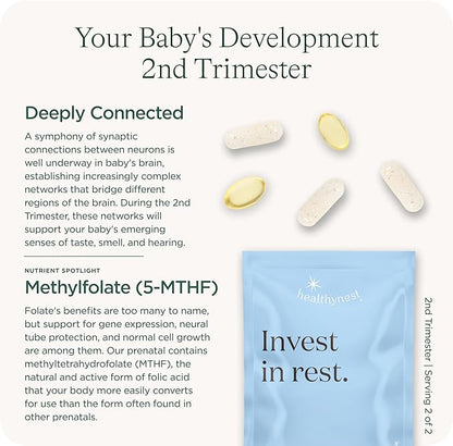 HealthyNest 2nd Trimester Prenatal Vitamin | Pregnancy Support for Fetal Brain Development with Methylfolate, Choline, DHA, Iron, Inositol | 31 Day Supply