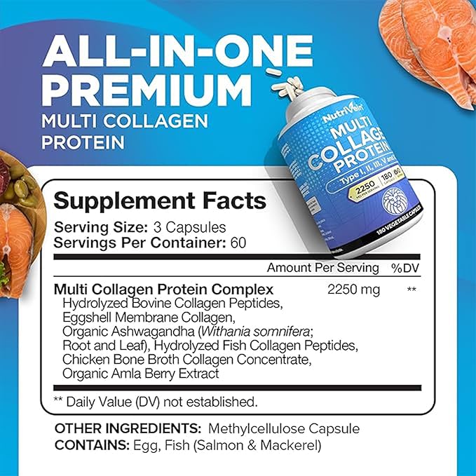 Nutrivein Multi Collagen Pills 2250mg - 180 Collagen Capsules - Type I, II, III, V, X - Anti-Aging, Healthy Joints, Hair, Skin, Bones, Nails, Hydrolyzed Protein Collagen Peptides for Woman and Men