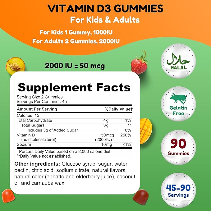 Vegetarian Vitamin D3 Gummies for Adults & Kids | 45-90 Servings, 2,000IU / 1,000IU | Non-GMO, Gluten-Free, Gelatin-Free | Supports Bones, Muscles & Immune System Halal Vitamins