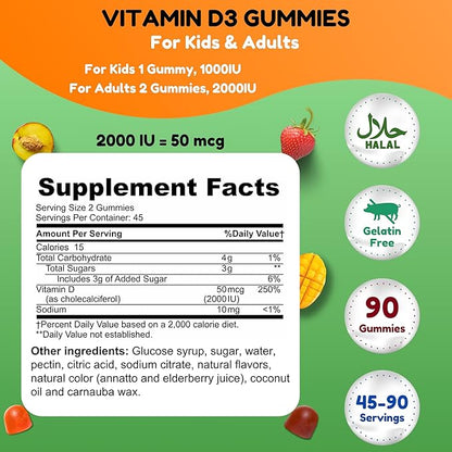 Vegetarian Vitamin D3 Gummies for Adults & Kids | 45-90 Servings, 2,000IU / 1,000IU | Non-GMO, Gluten-Free, Gelatin-Free | Supports Bones, Muscles & Immune System Halal Vitamins