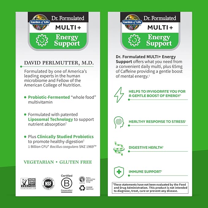 Garden of Life Dr. Formulated Multi+ Energy Support: Fermented Liposomal Multivitamin + Green Coffee Bean Extract, Rhodiola & Probiotics - Boost Energy, Support Digestion & Immune Health, 30 Capsules