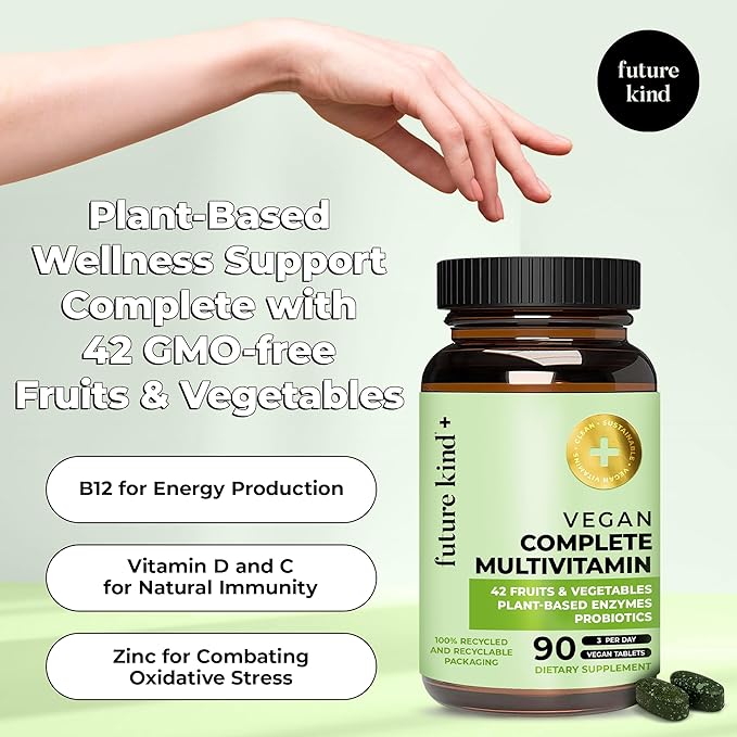 Future Kind Vegan Multivitamins Complete (90tabs in Recycled Bottle) - 42-in-1 Vegan Multivitamins for Women & Men - Multivitamin w Enzymes & Probiotics for Digestion - Vegan Vitamins w B12 & Zinc
