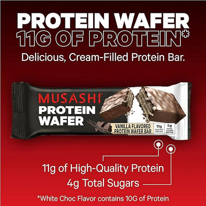 MUSASHI Protein Wafer Bar, 11g Protein, 4g Total Sugars, Vanilla, Post Workout and Protein Snack On The Go, 12 Pack of 1.4oz (40g) Bars