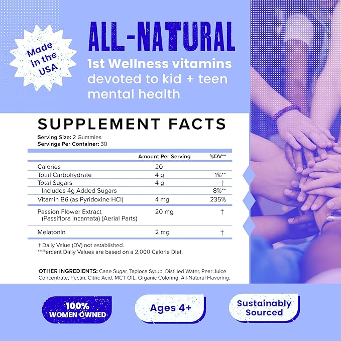 Sleep - Passionflower, Vitamin B6 & Melatonin Gummies for Kids & Teens - All Natural & Vegan Relaxation & Sleep Gummies for Kids - Passion Fruit Flavor - 60/ct