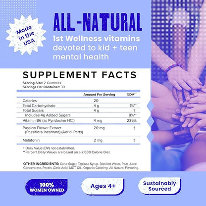 Sleep - Passionflower, Vitamin B6 & Melatonin Gummies for Kids & Teens - All Natural & Vegan Relaxation & Sleep Gummies for Kids - Passion Fruit Flavor - 60/ct