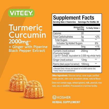Turmeric Gummies with Turmeric Curcumin 2000mg, Ginger & Black Pepper Extract - Immune Support, Healthy Skin, and Joint Health - Vegan, Gelatin Free, GMO Free - Tasty Chewable Peach Flavored Gummy