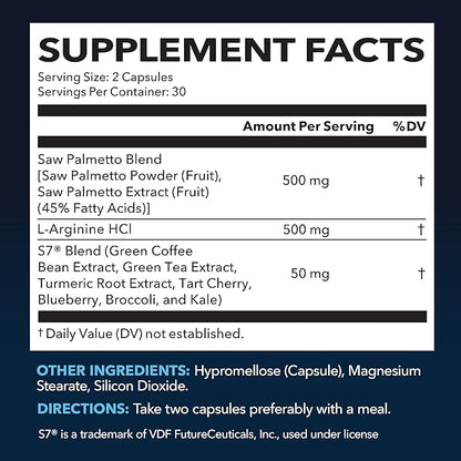 Saw Palmetto for Men with L Arginine Supplement - Hair Health & Male Health Support - L-Arginine Saw Palmetto Supplement with S7 Plant-Based Ingredients - Performance & Endurance - 60 Male Pills