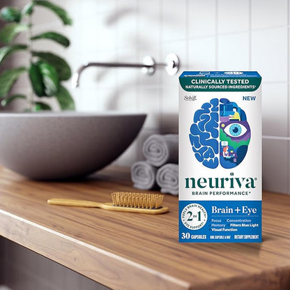 NEURIVA Brain + Eye Supplement for Memory, Focus & Concentration with Lutein & Vitamins A C E and Zinc for Eye Health & Zeaxanthin to Filter Blue Light, 30ct Capsules