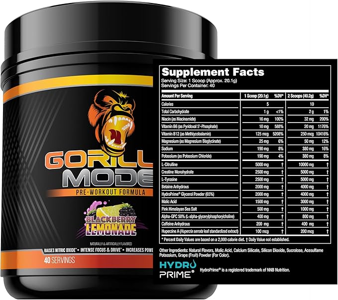 Gorilla Mode Pre Workout - Massive Pumps · Laser Focus · Energy · Power - L-Citrulline, Creatine, L-Tyrosine, Betaine, Hydroprime®, Alpha-GPC, 400mg Caffeine, Huperzine A – 800g (BlackBerry Lemonade)