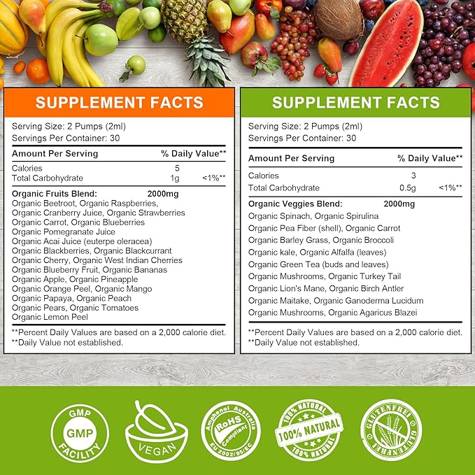 Fruits and Veggies Supplement - Balance of Natural Fruit and Vegetables Liquid Drops 2 Pack, Whole Food Supplement - Filled with Vitamins and Minerals - 2 FL OZ Fruit & 2FL OZ Veggie