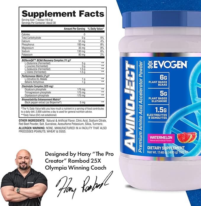 Evogen AminoJect - Premium BCAA Powder & EAA Recovery Formula with Electrolytes | Amino Acids Supplement for Muscle Growth, Hydration, & Recovery | Watermelon | 30 Servings