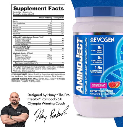 Evogen AminoJect - Premium BCAA Powder & EAA Recovery Formula with Electrolytes | Amino Acids Supplement for Muscle Growth, Hydration, & Recovery | Watermelon | 30 Servings