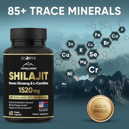 Pure Himalayan Shilajit Supplement 60 Capsules 60% Fulvic Acid 85+ Trace Minerals for Energy Boost & Immune Support Shilajit for Men & Women Alternative to Authentic Shilajit Resin or Pills, USA Made