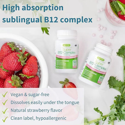 Super B12-Complex 1000mcg, Methylated Vitamin B12 Sublingual, Clean Label, Methylcobalamin, Adenosylcobalamin & Hydroxocobalamin, 180 Servings, High Absorption Sugar-Free Melts, Vegan, by Igennus