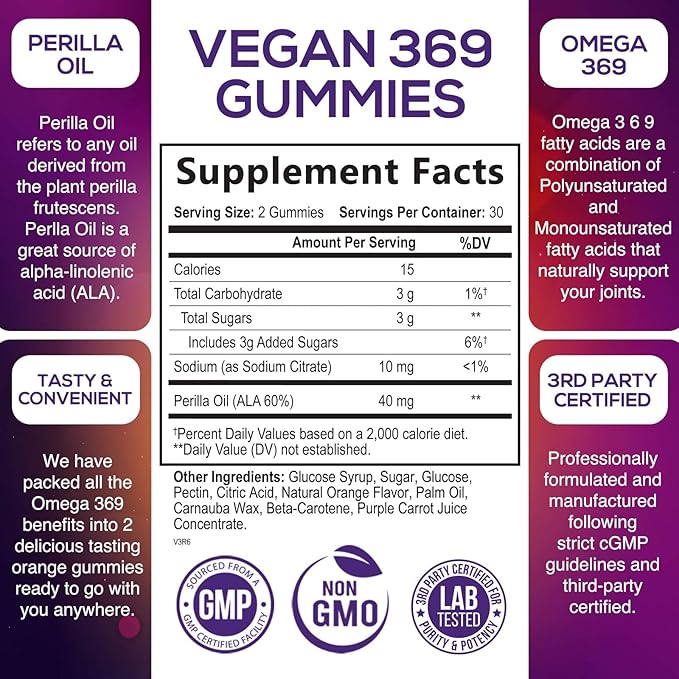 Omega 3 6 9 Vegan Gummies - Triple Strength Omega 3 Supplement Essential Oil Gummy - Omega 369 Heart Support and Brain Support for Women, Men & Pregnant Women, Non-GMO, Orange Flavor - 60 Gummies