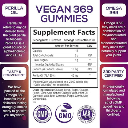 Omega 3 6 9 Vegan Gummies - Triple Strength Omega 3 Supplement Essential Oil Gummy - Omega 369 Heart Support and Brain Support for Women, Men & Pregnant Women, Non-GMO, Orange Flavor - 60 Gummies