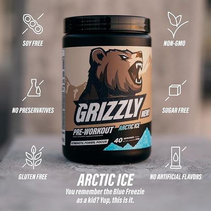 Grizzly Pre Workout Powder for Men & Women - Essential Aminos L-Citrulline & Beta Alanine Plus Caffeine - Preworkout Energy Drink Mix for Intense Power Focus & Pump - Arctic Ice - 40 Servings