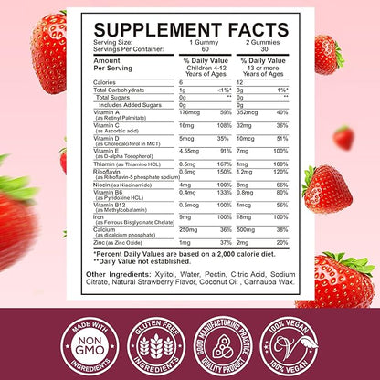 Iron Supplement Gummies for Kids - with Calcium, Zinc, Kids Multivitamin with Iron Gummies - Immune Support, Blood Builder & Energy Support for Iron Deficiency, Anemia, Vegan - 60 Gummies