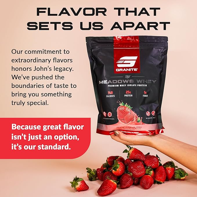Granite Supplements The Meadows Whey Protein Isolate - (30 Servings) Whey Protein Powder - 140 Calories, 1g Fiber, 1g Sugar Protein Whey for Lean Muscle - Fresh Strawberry Flavored Protein Powder