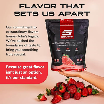 Granite Supplements The Meadows Whey Protein Isolate - (30 Servings) Whey Protein Powder - 140 Calories, 1g Fiber, 1g Sugar Protein Whey for Lean Muscle - Fresh Strawberry Flavored Protein Powder