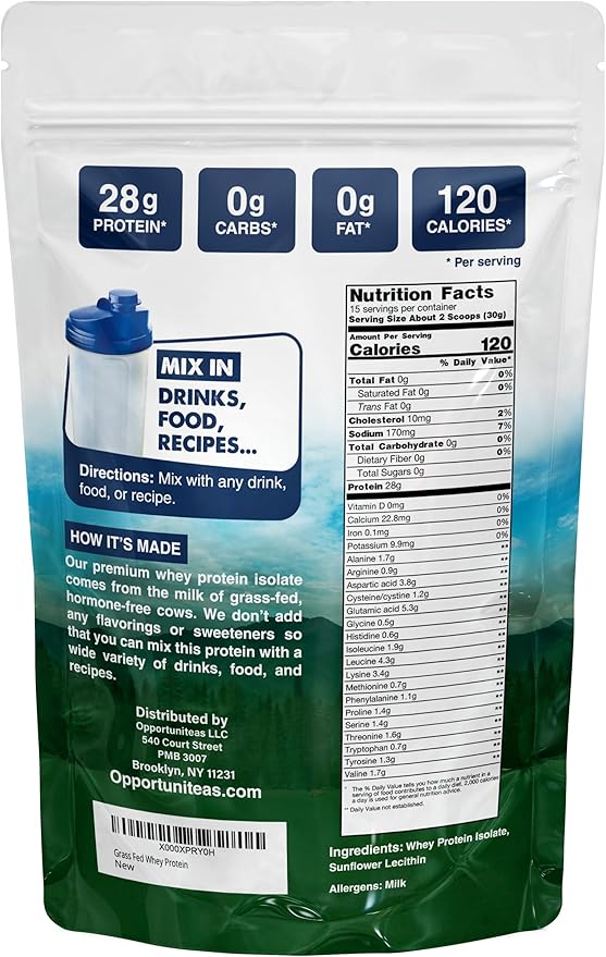 Opportuniteas Grass Fed Whey Isolate Protein Powder - Unflavored 28g Protein Powder Without Artificial Sweeteners, Hormone-Free Cows, Non GMO - 1lb