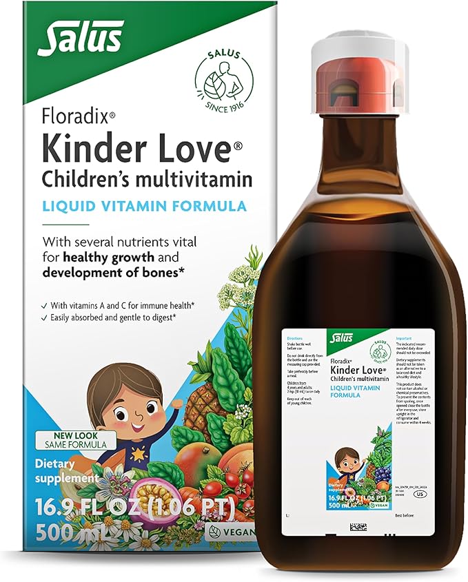 Floradix Kinder Love Children's Multivitamin - Liquid Multivitamin for Kids with Vitamins A, C, D & E, Calcium & More - Vegetarian, Non-GMO, Gluten-Free - 17 fl oz