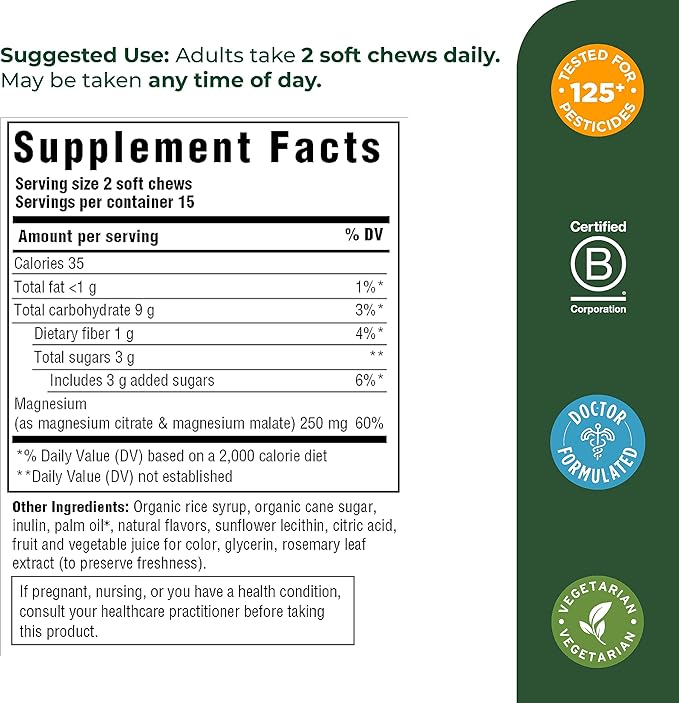 MegaFood Relax + Calm Magnesium Supplement - Soft Chews with Magnesium Citrate & Magnesium Malate for Heart Health, Muscle Tension & More - Vegetarian - Grape-Flavor - 30 Chews (15 Servings)