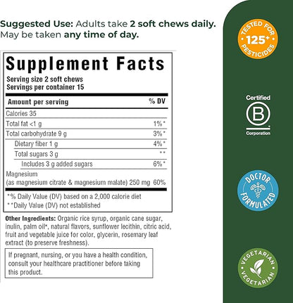 MegaFood Relax + Calm Magnesium Supplement - Soft Chews with Magnesium Citrate & Magnesium Malate for Heart Health, Muscle Tension & More - Vegetarian - Grape-Flavor - 30 Chews (15 Servings)