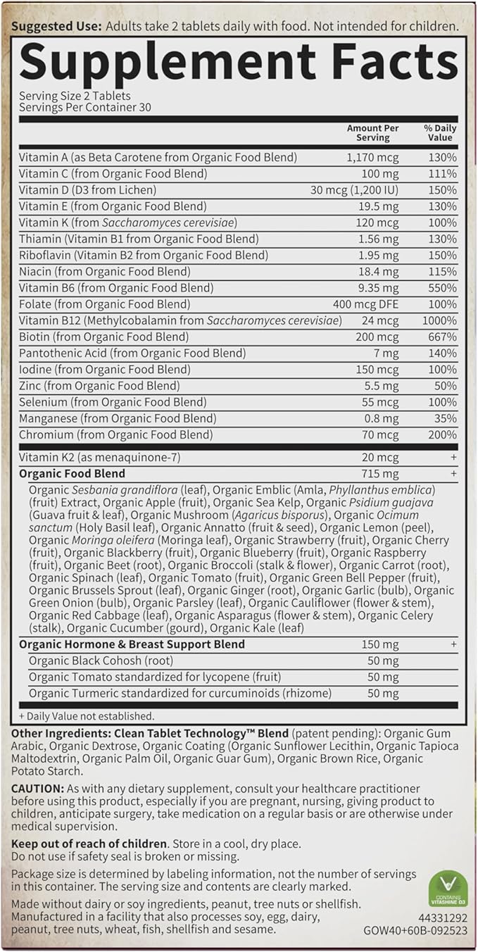 Garden of Life Organics Vitamins for Women 40+ - 60 Tablets, Womens Multi 40+, Vegan Vitamins for Women Over 40, Hormone & Breast Health Support Blend, Whole Food Womens Multivitamin