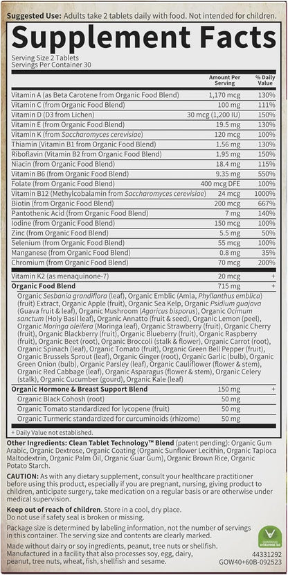 Garden of Life Organics Vitamins for Women 40+ - 60 Tablets, Womens Multi 40+, Vegan Vitamins for Women Over 40, Hormone & Breast Health Support Blend, Whole Food Womens Multivitamin