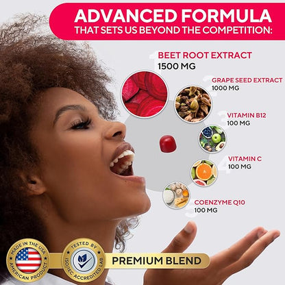Beet Root Gummies - Cardio Beet Gummies 2600mg - Nitric Oxide Gummies with Beet Root, Grape Seed Extract, Coq10, Vitamin C & B12 - Beet Chews for Normal Blood Pressure & Heart Health – 60 Count