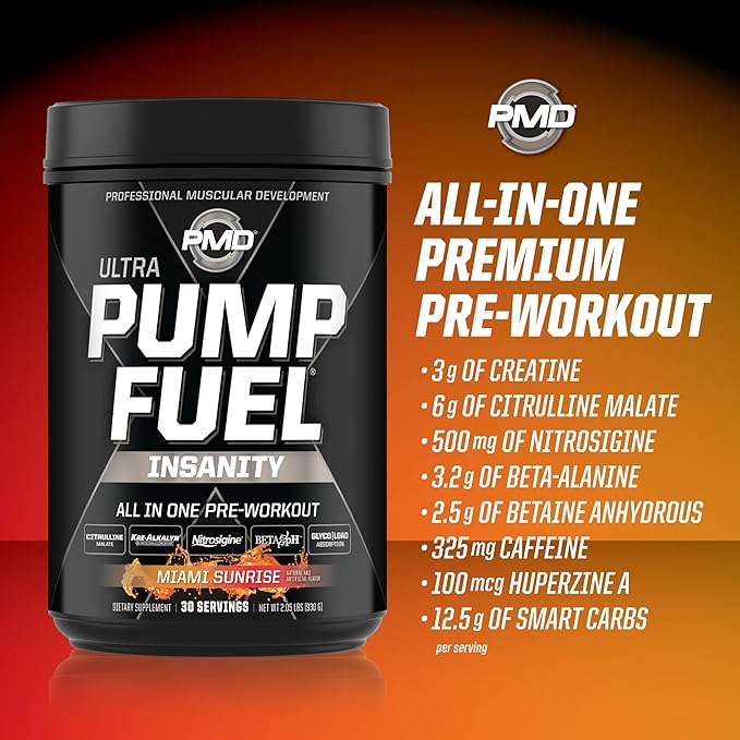PMD Sports Ultra Pump Fuel Insanity - Pre Workout Drink Mix for Energy, Strength, Endurance, Recovery - Complex Carbohydrates and Amino Energy - Miami Sunrise (30 Servings)