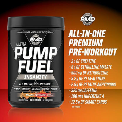PMD Sports Ultra Pump Fuel Insanity - Pre Workout Drink Mix for Energy, Strength, Endurance, Recovery - Complex Carbohydrates and Amino Energy - Miami Sunrise (30 Servings)