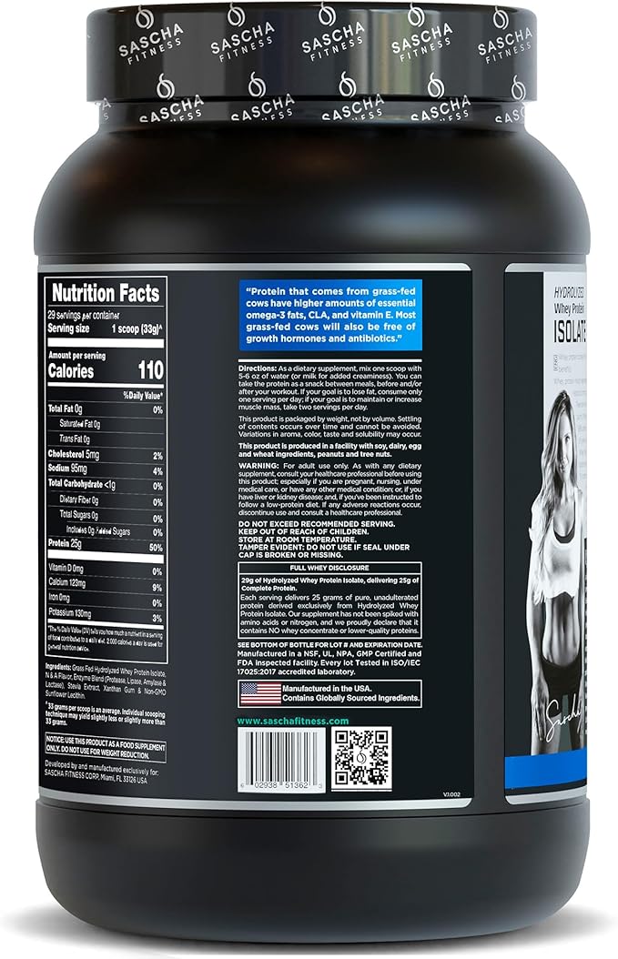 SASCHA FITNESS Hydrolyzed Whey Protein Isolate,100% Grass-Fed (2 Pounds, Vanilla)