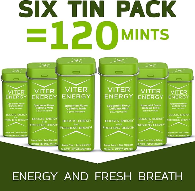 Viter Energy Caffeine Mints (120 Pieces) - 40mg Caffeine, Sugar Free, Vegan Breath Mints, B Vitamin Complex, Energy Caffeine Pills (Spearmint, 6 Pack)