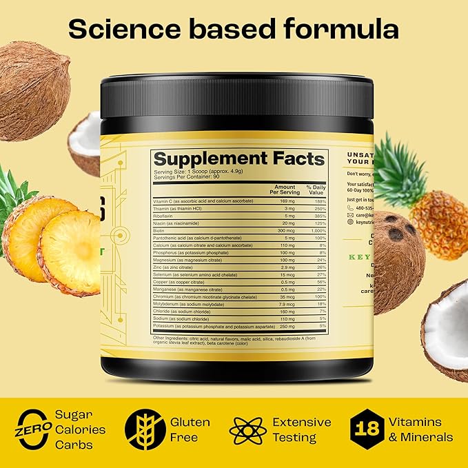 KEY NUTRIENTS Multivitamin Electrolytes Powder No Sugar - Tropical Pineapple Coconut Electrolyte Powder - Endurance & Energy Supplement - Hydration Powder - No Calories - 90 Servings - Made in USA