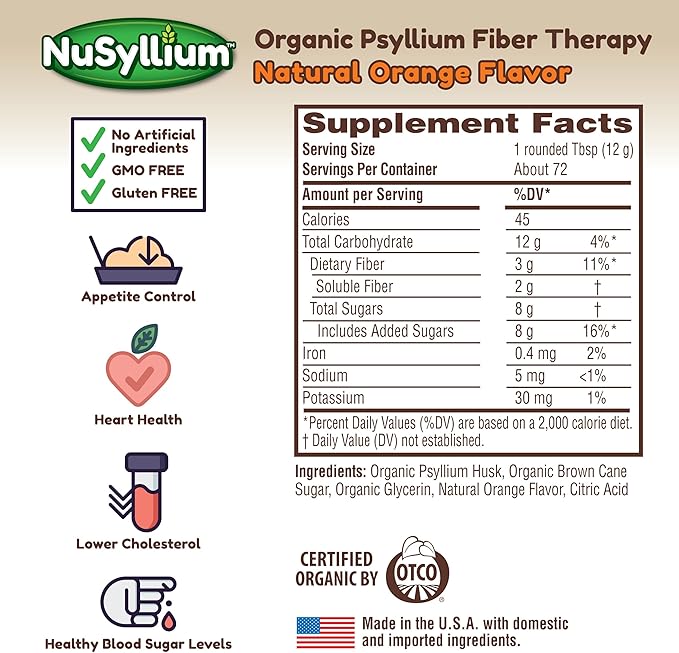 Psyllium Husk Powder, USDA Organic, 30.5 Oz, Dietary Fiber Supplement with Brown Sugar, Helps Digestive Health* Natural Orange, 72 Servings
