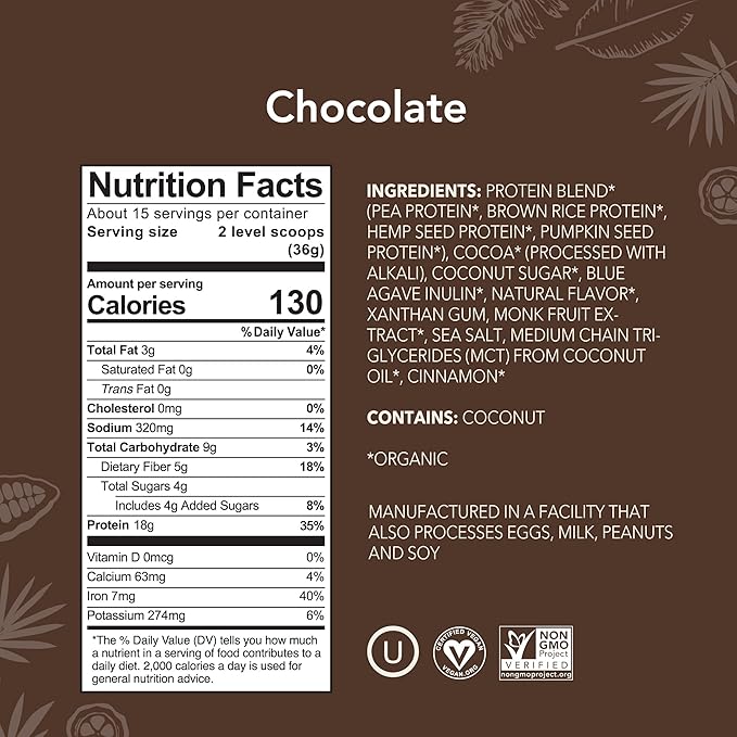ALOHA Organic Plant Based Protein Powder, Stevia Free, Chocolate, 19.6 oz, 15 Servings
